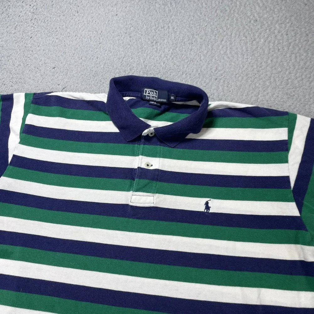 Polo By Ralph Lauren Polo Shirt Mens XL Green Navy Stripe Short Sleeve Cotton